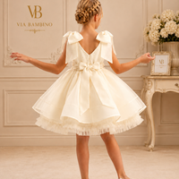 Champagne Bow-Shoulder Floral Lace Dress 3542 - back