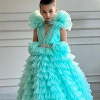A child wearing a sky blue, tulle gown with a sparkling belt, soft puff sleeves, and a tiara headpiece.