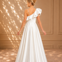 Ivory Ruffle One-Shoulder Satin Gown 7113 - back