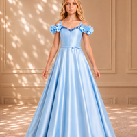 Sky Blue Off-Shoulder Floral Satin Gown 9266 - front