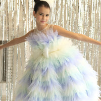 A young girl wearing a tulle dress, standing in front of a shimmering backdrop.