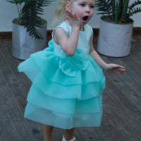 A baby wearing a green flower baby dress with a classic A-line silhouette, standing against a indoor background with plants in the background.