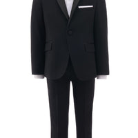 A Boys Black Suit consisting of a jacket with a bow tie, pants, and a white shirt displayed against a white background.