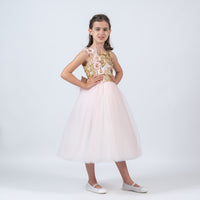 A girl wearing a pink long tulle dress with appliqued lace flowers and crystal detailing, and an open back.