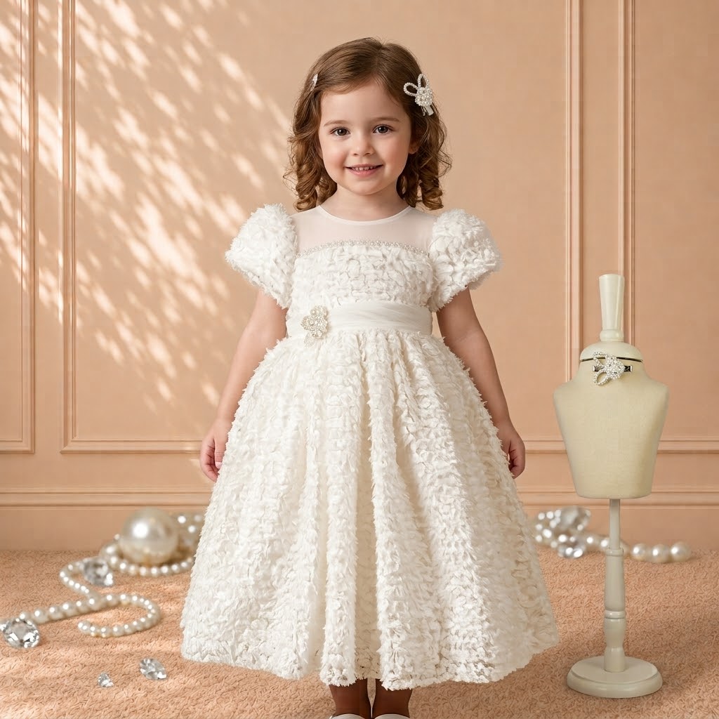 Ivory Pearl Puff-Sleeve Baby Gown 6116A