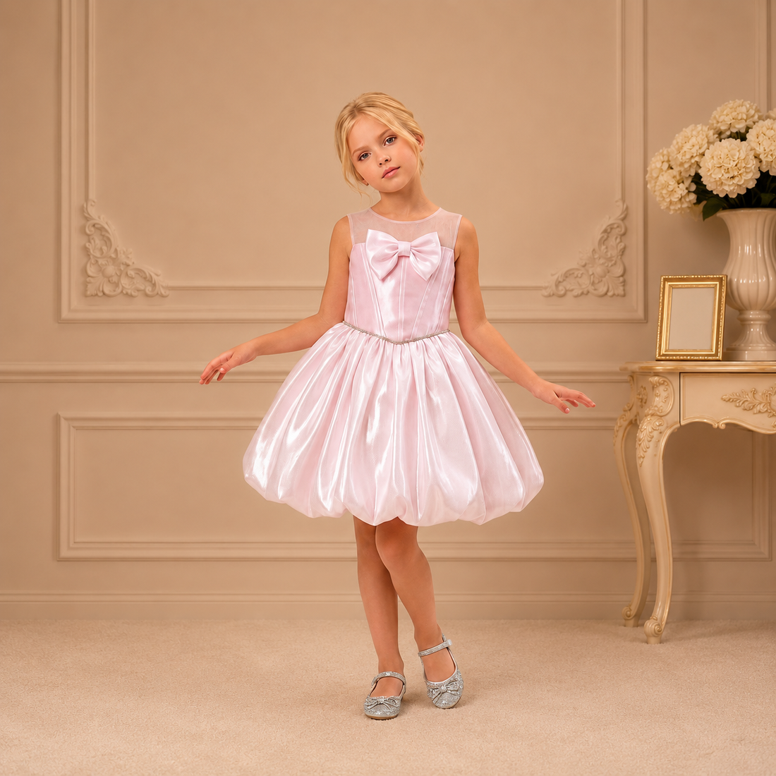 Blush Bubble-Hem Sheer-Yoke Bow Dress 1005 - front