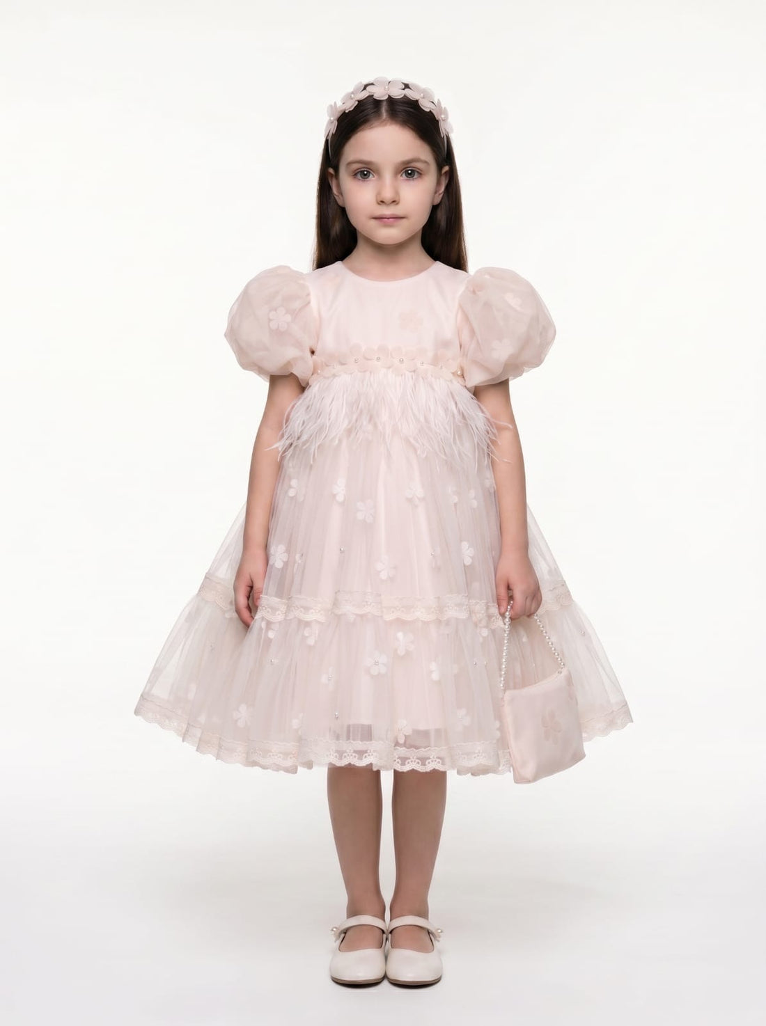 Blush Feather-Waist Floral Tulle Dress 2028 - front