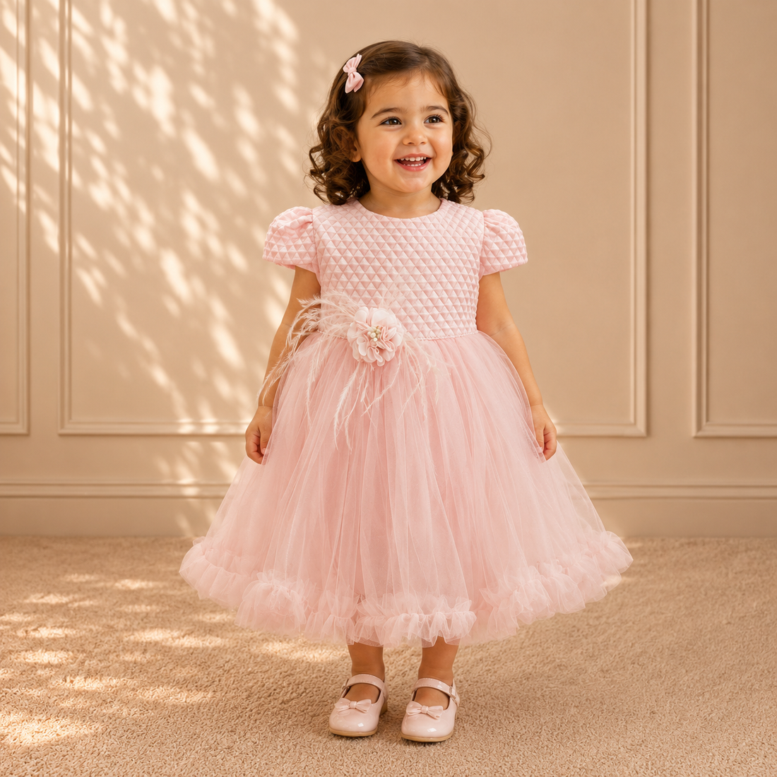 Blush Quilted Bodice Feather-Waist Tulle Dress 2917 - front