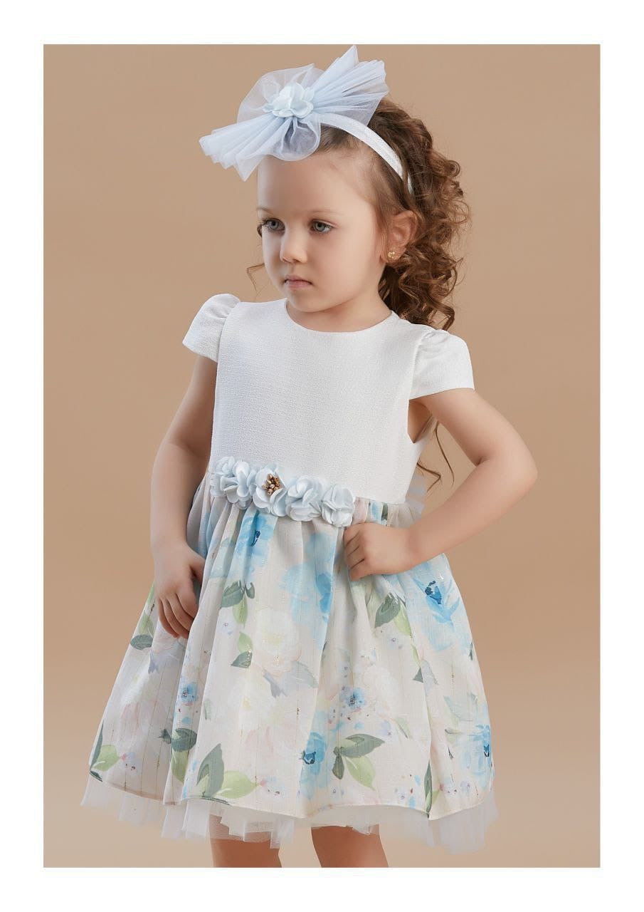 Ivory & Blue Floral Print Tulle Dress 3250 - front
