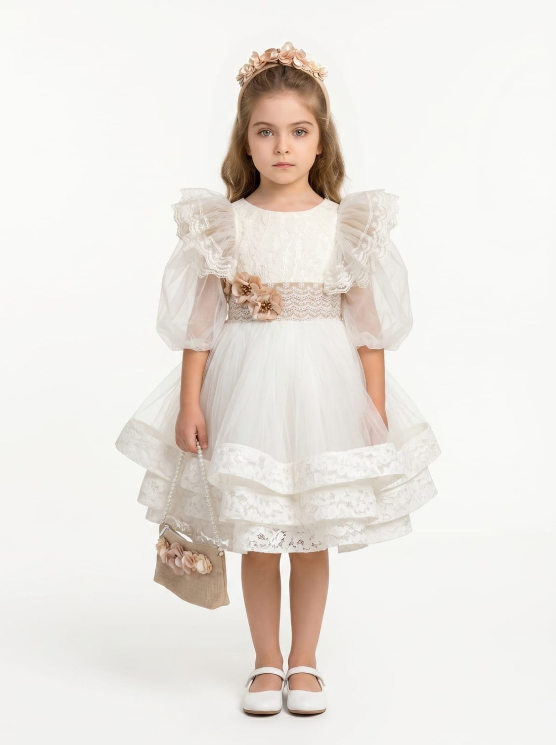 Ivory Ruffled Lace Tiered Hem Dress 3279 - front