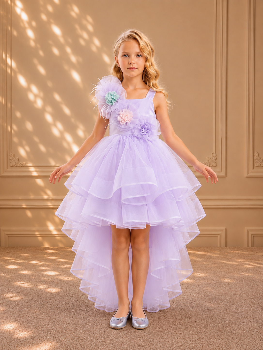 Lavender Feather-Trim Floral Tulle Dress 3374 - front