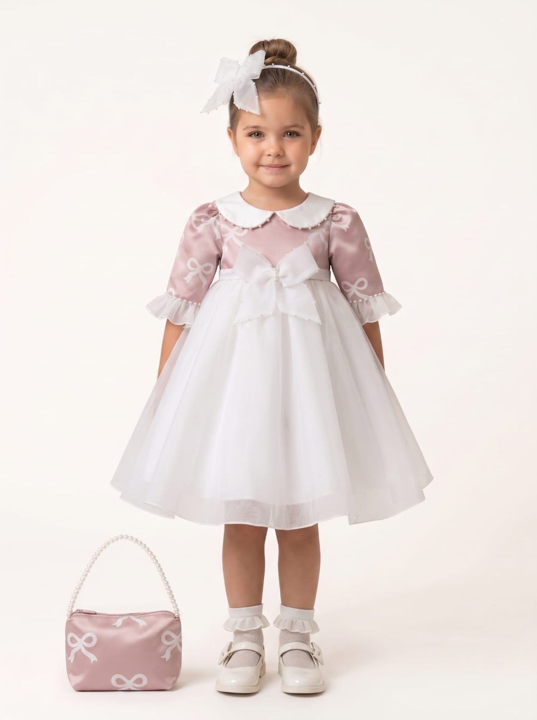 White & Mauve Bow-Print Peter Pan Collar Dress 3385 - front