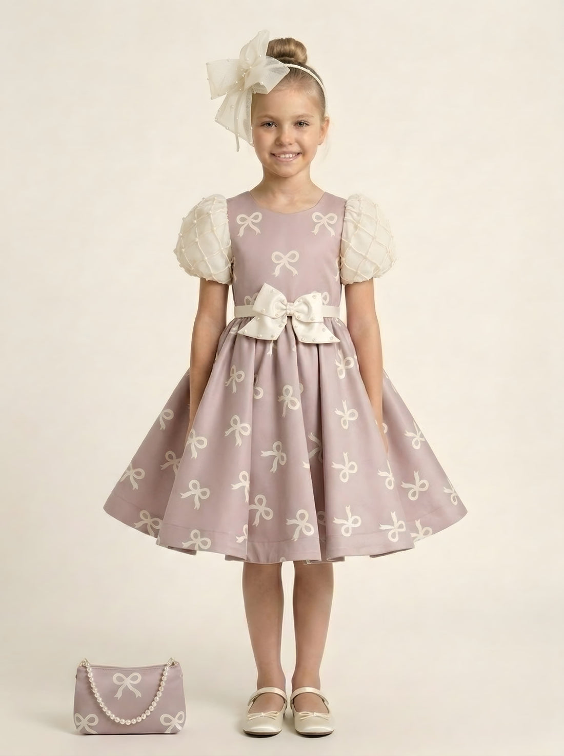 Mauve Ribbon-Bow Print Dress 3386 - front
