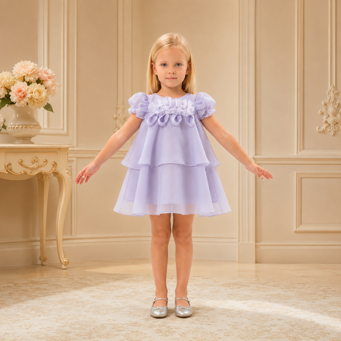 Lavender Puff-Sleeve Ruffle-Collar Tent Dress 3394 - front