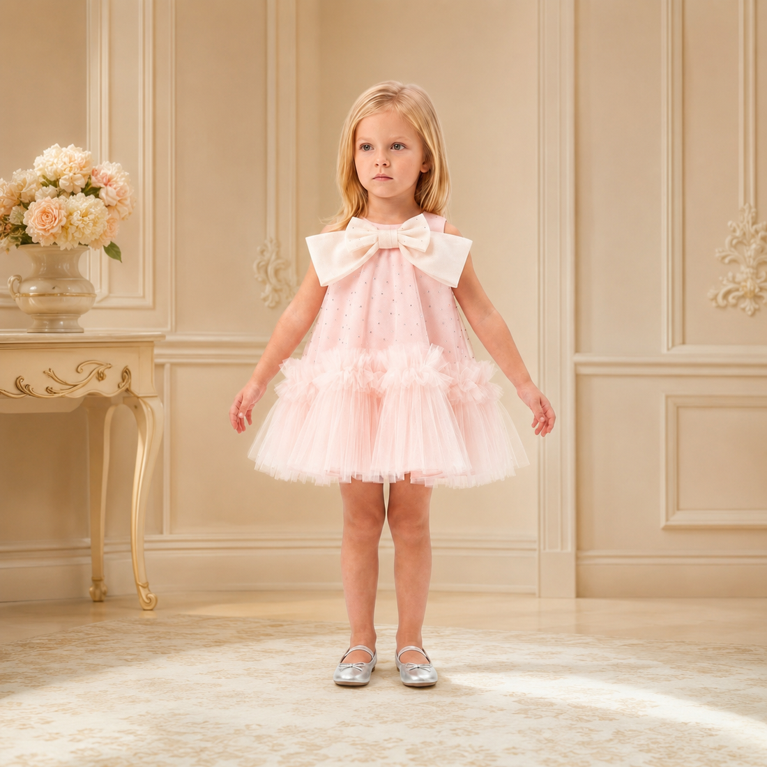 Blush Bow-Neckline Sparkle Tulle Dress 3396 - front