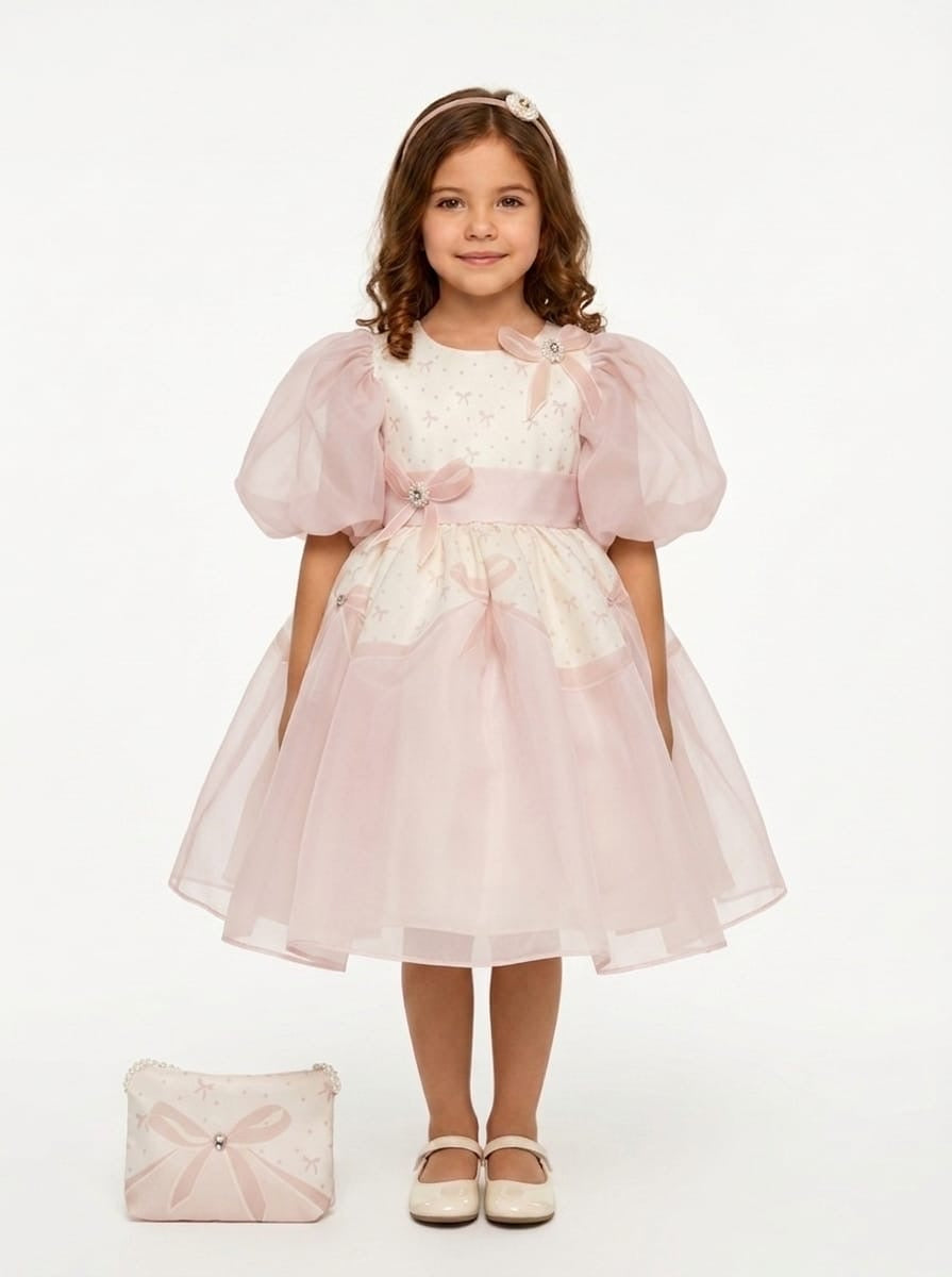 Blush Bow-Print Organza Puff-Sleeve Dress 3400 - front