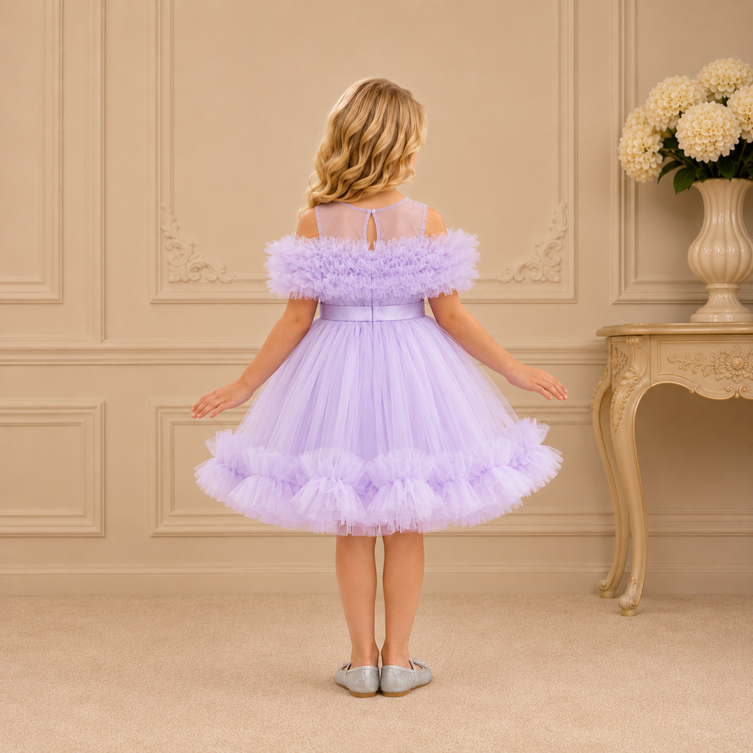 Lavender Ruffle Off-Shoulder Tutu Dress 3410 - back