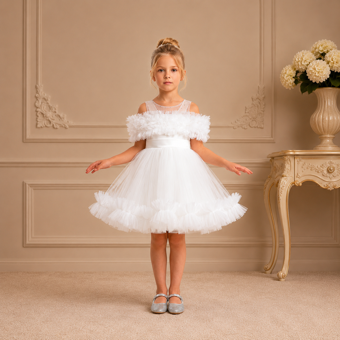Ivory Ruffle Off-Shoulder Tutu Dress 3410 - front