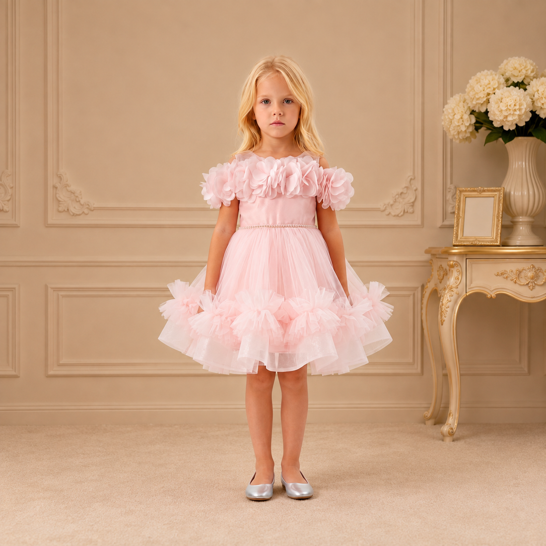 Blush Off-Shoulder Floral Pearl-Belt Dress 3415 - front