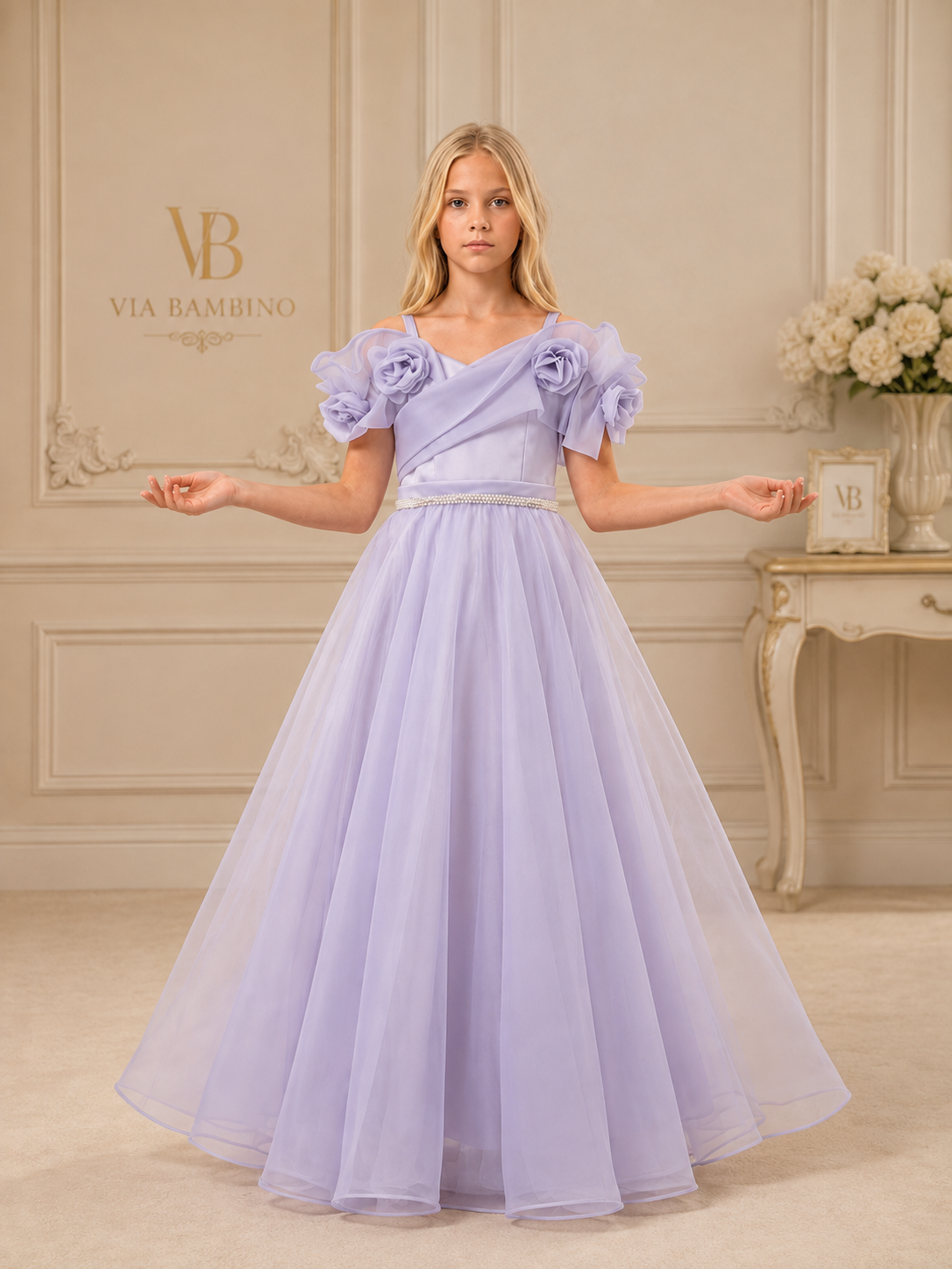 Lavender Rosette-Sleeve Pearl-Belt Gown 3454 - front