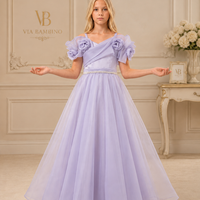 Lavender Rosette-Sleeve Pearl-Belt Gown 3454 - front