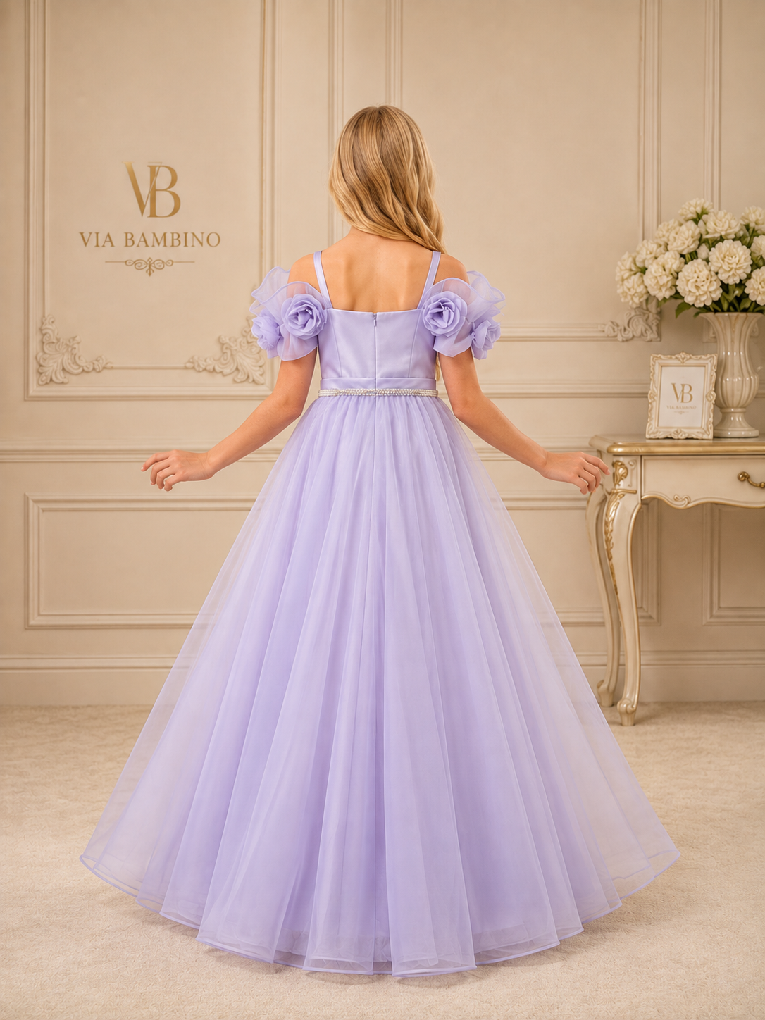 Lavender Rosette-Sleeve Pearl-Belt Gown 3454 - back