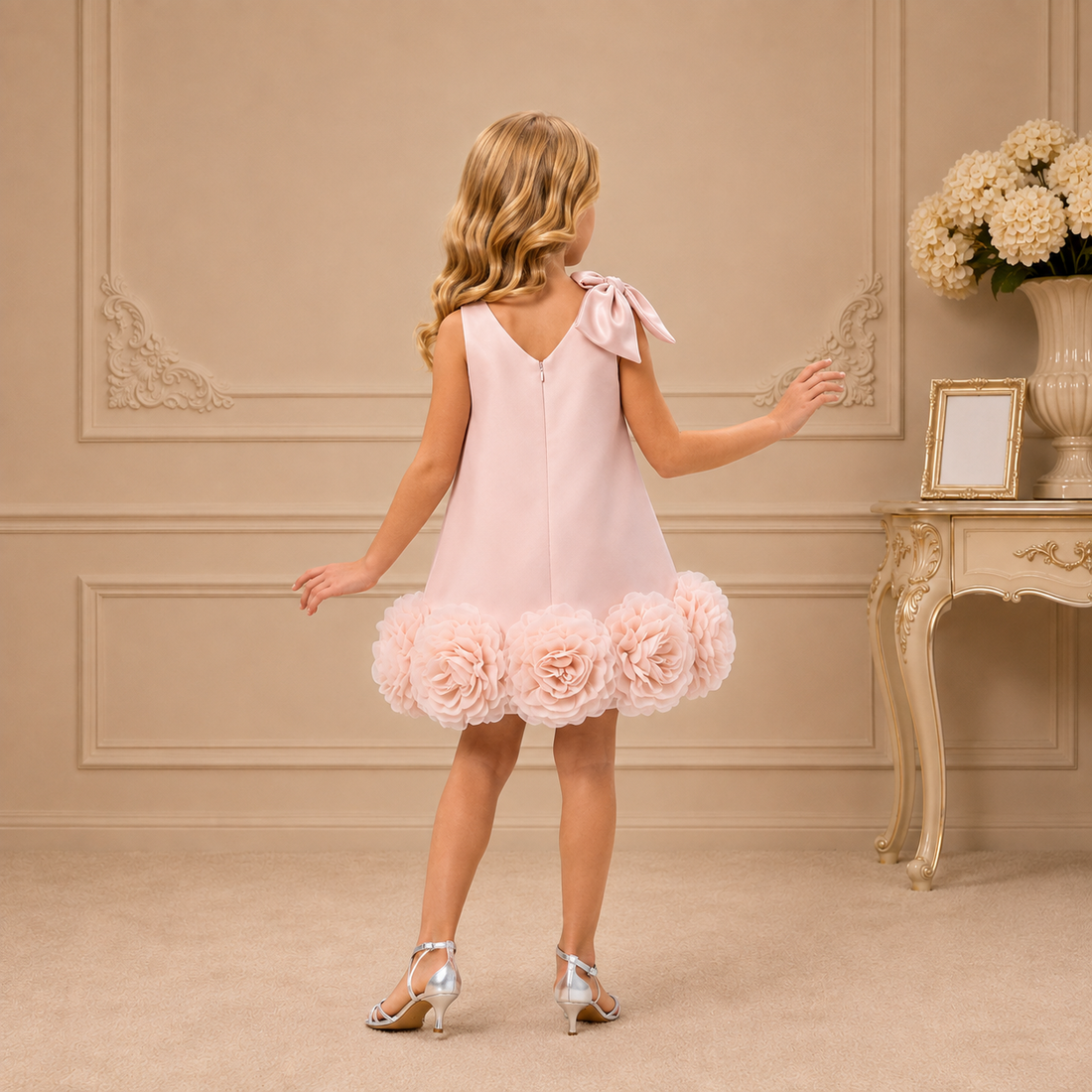 Blush Bow-Shoulder Floral-Hem Satin Dress 3460 - back