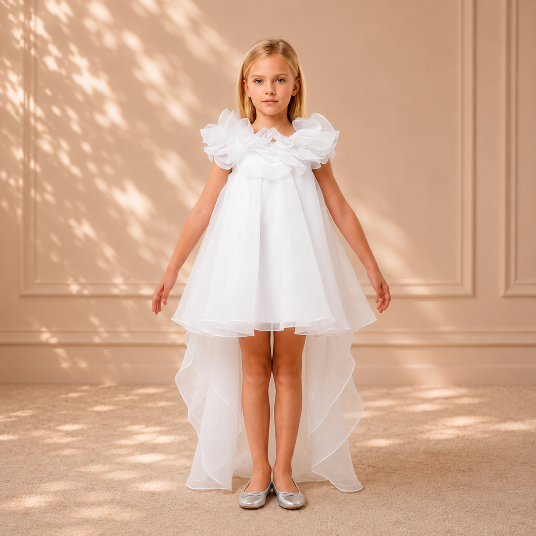 Ivory Ruffled-Collar High-Low Organza Dress 3490 - front