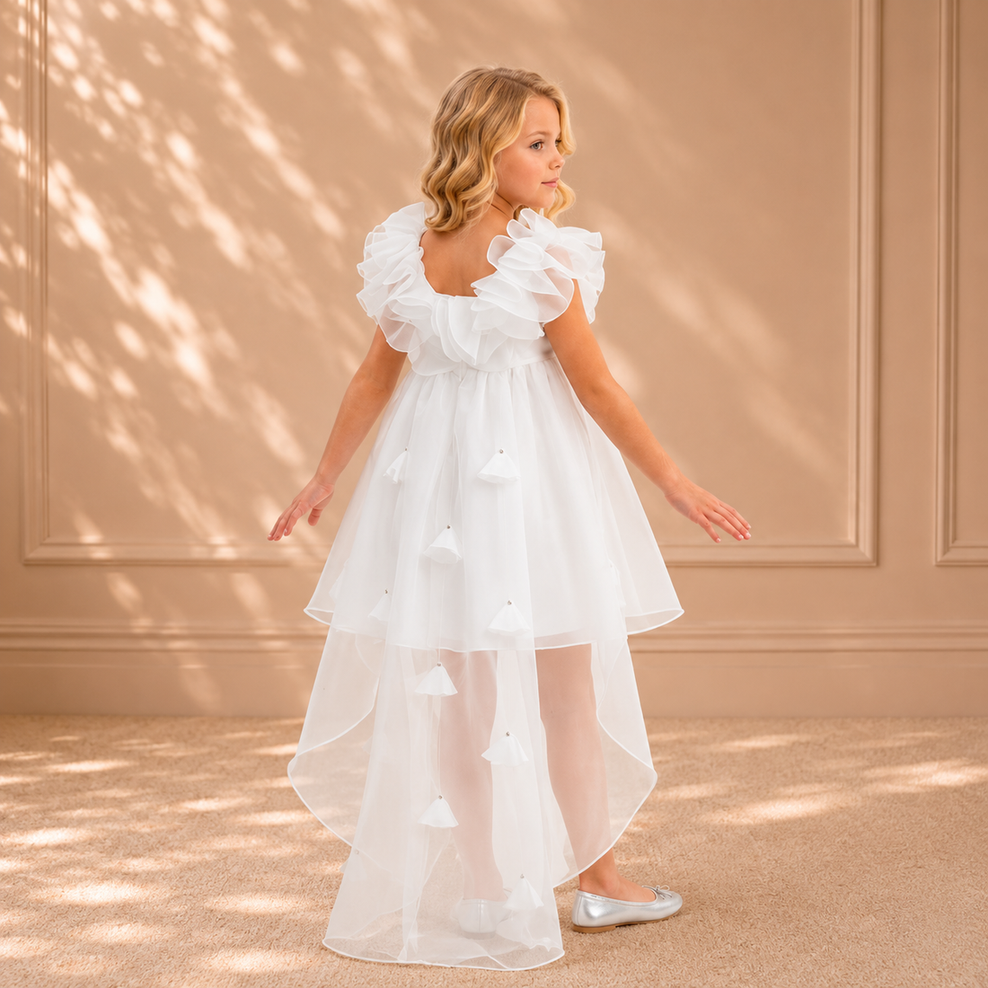 Ivory Ruffled-Collar High-Low Organza Dress 3490 - back