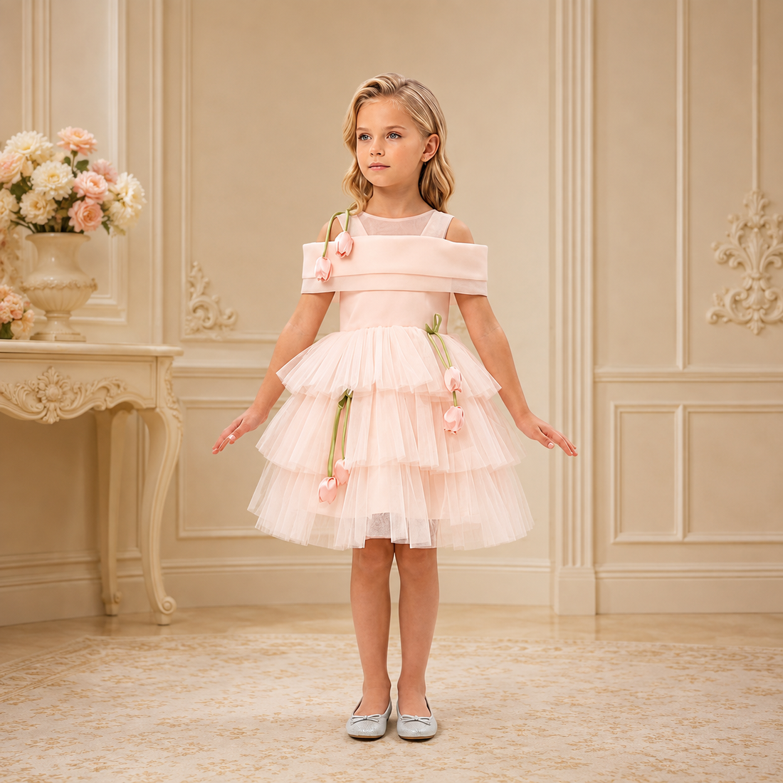 Blush Tiered Tulip-Accent Off-Shoulder Dress 3534 - front