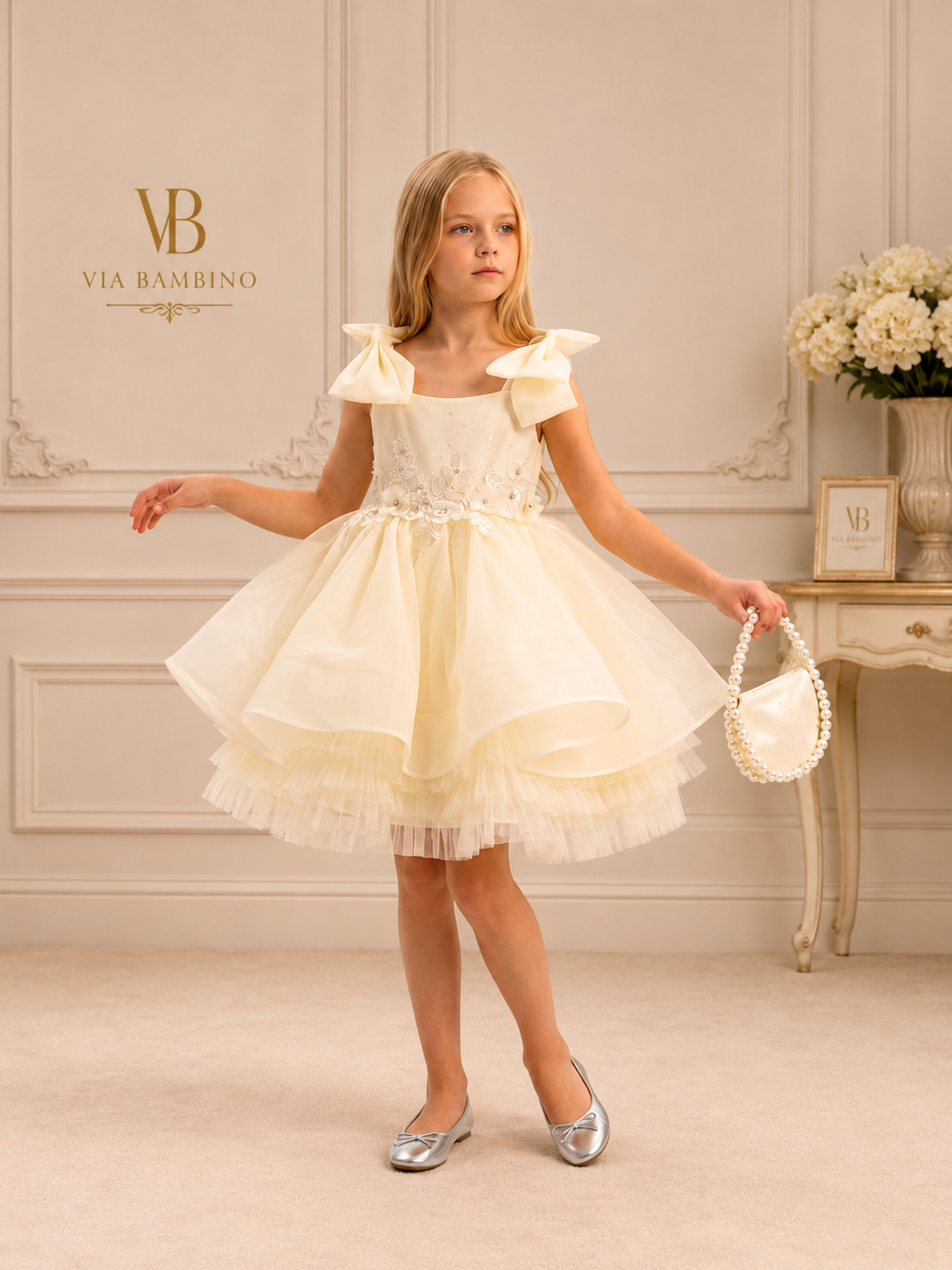 Champagne Bow-Shoulder Floral Lace Dress 3542 - front