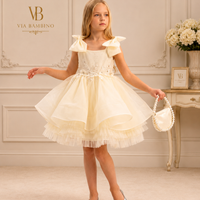 Champagne Bow-Shoulder Floral Lace Dress 3542 - front
