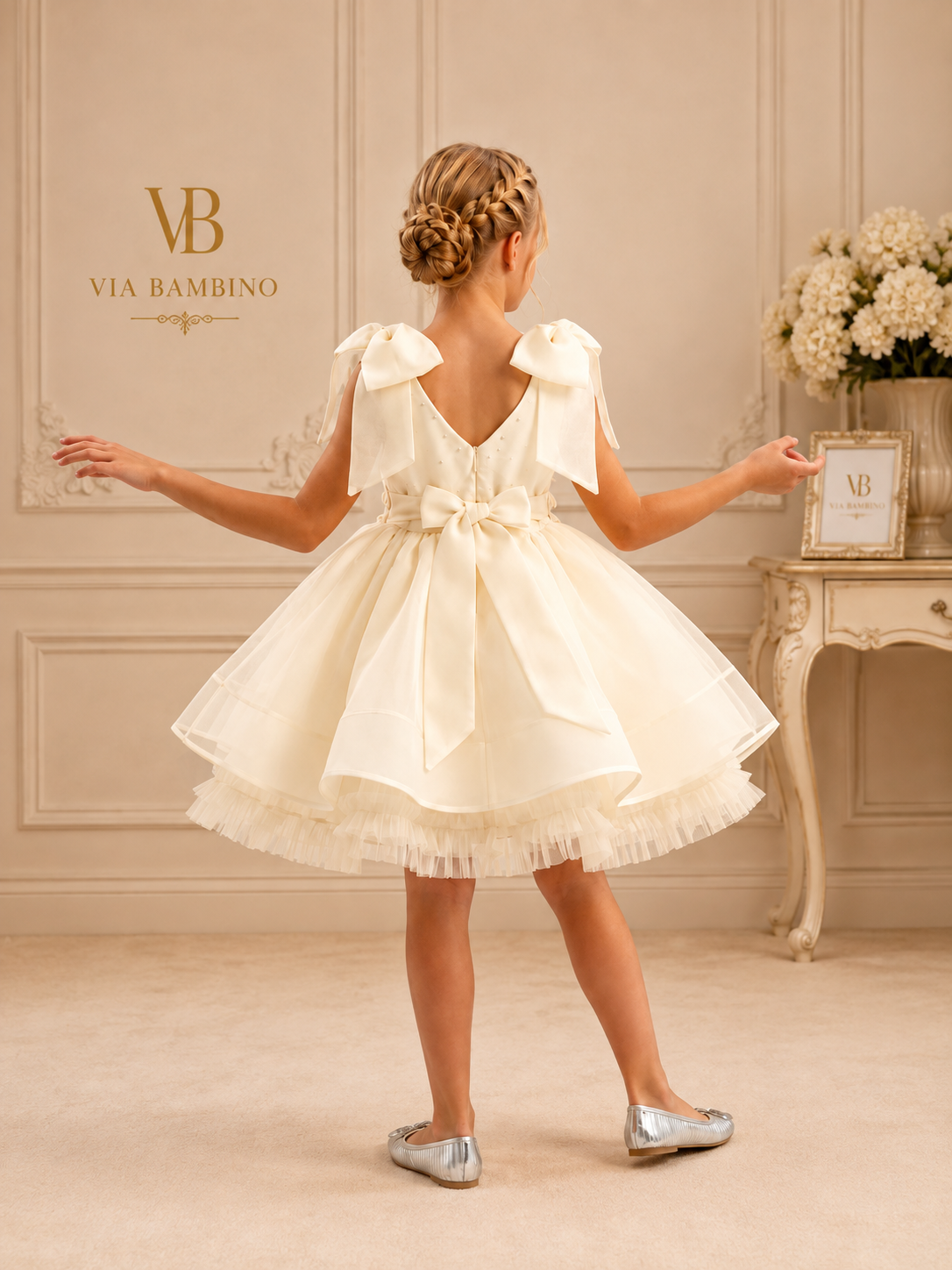 Champagne Bow-Shoulder Floral Lace Dress 3542 - back