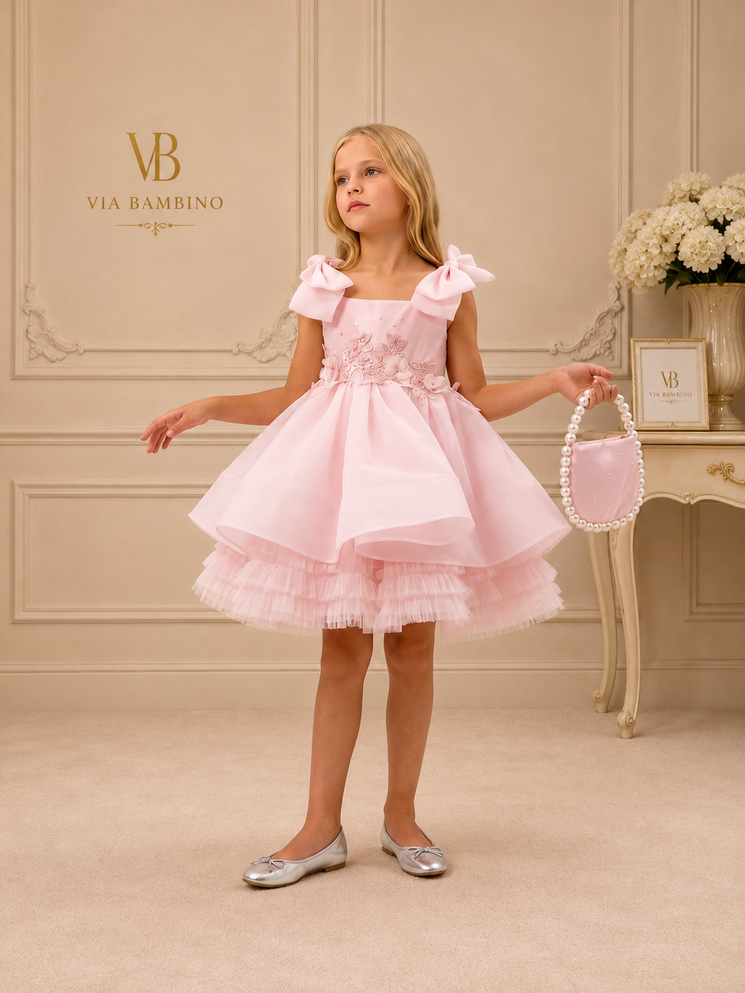 Blush Bow-Shoulder Floral Lace Dress 3542 - front