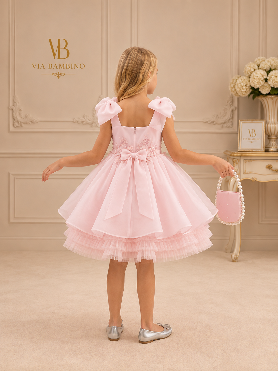 Blush Bow-Shoulder Floral Lace Dress 3542 - back