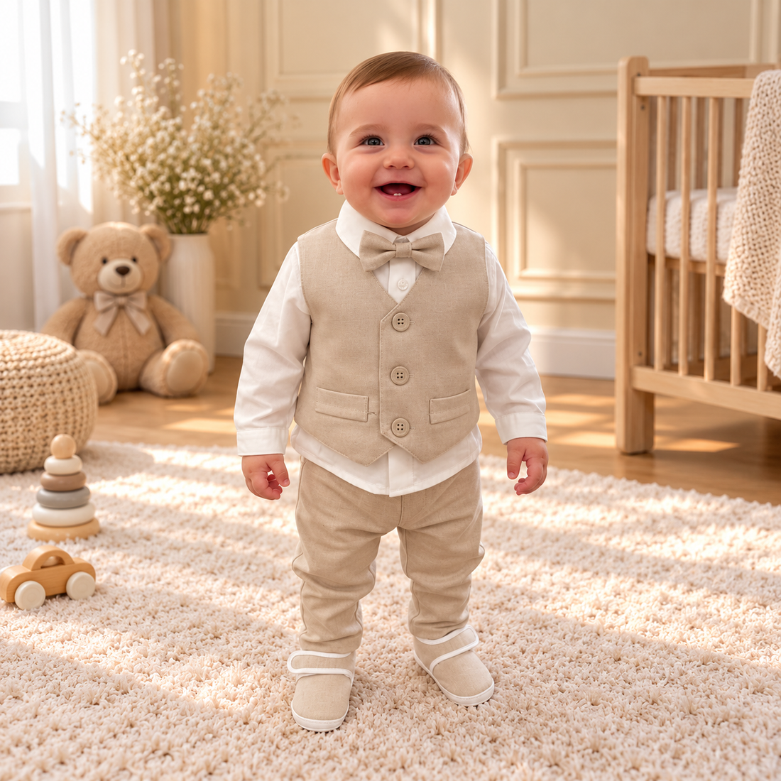 Beige Linen Vest & Bow Tie Set 3660 Beige