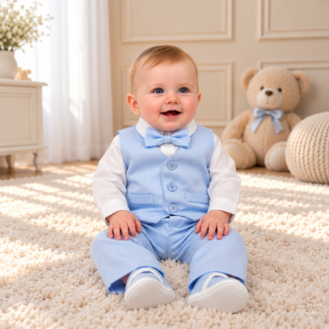 Sky Blue Linen Vest & Bow Tie Set 3660 Blue