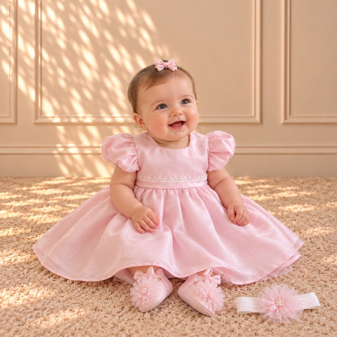 Pink Puff-Sleeve Organza Dress Set 3685 Pink