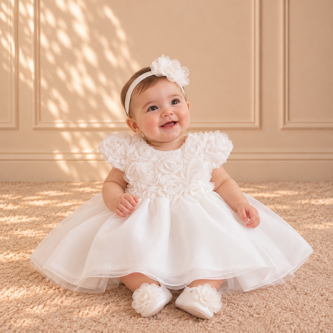 Ivory Rosette Bodice Dress Set 3689 White