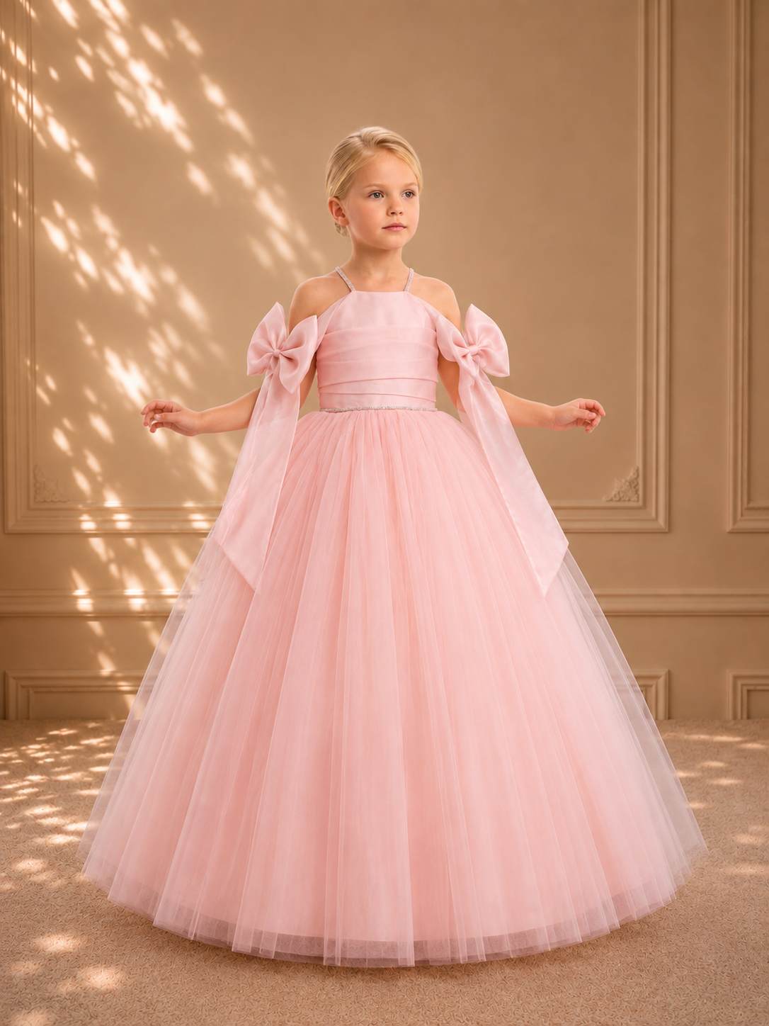 Blush Halter Rosette Bow Tulle Gown 4097 - front