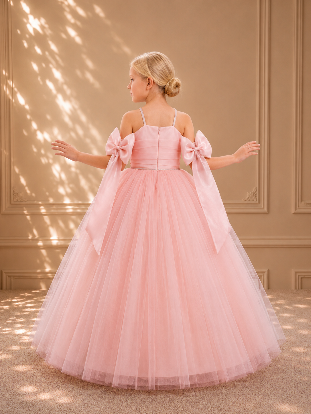 Blush Halter Rosette Bow Tulle Gown 4097 - back