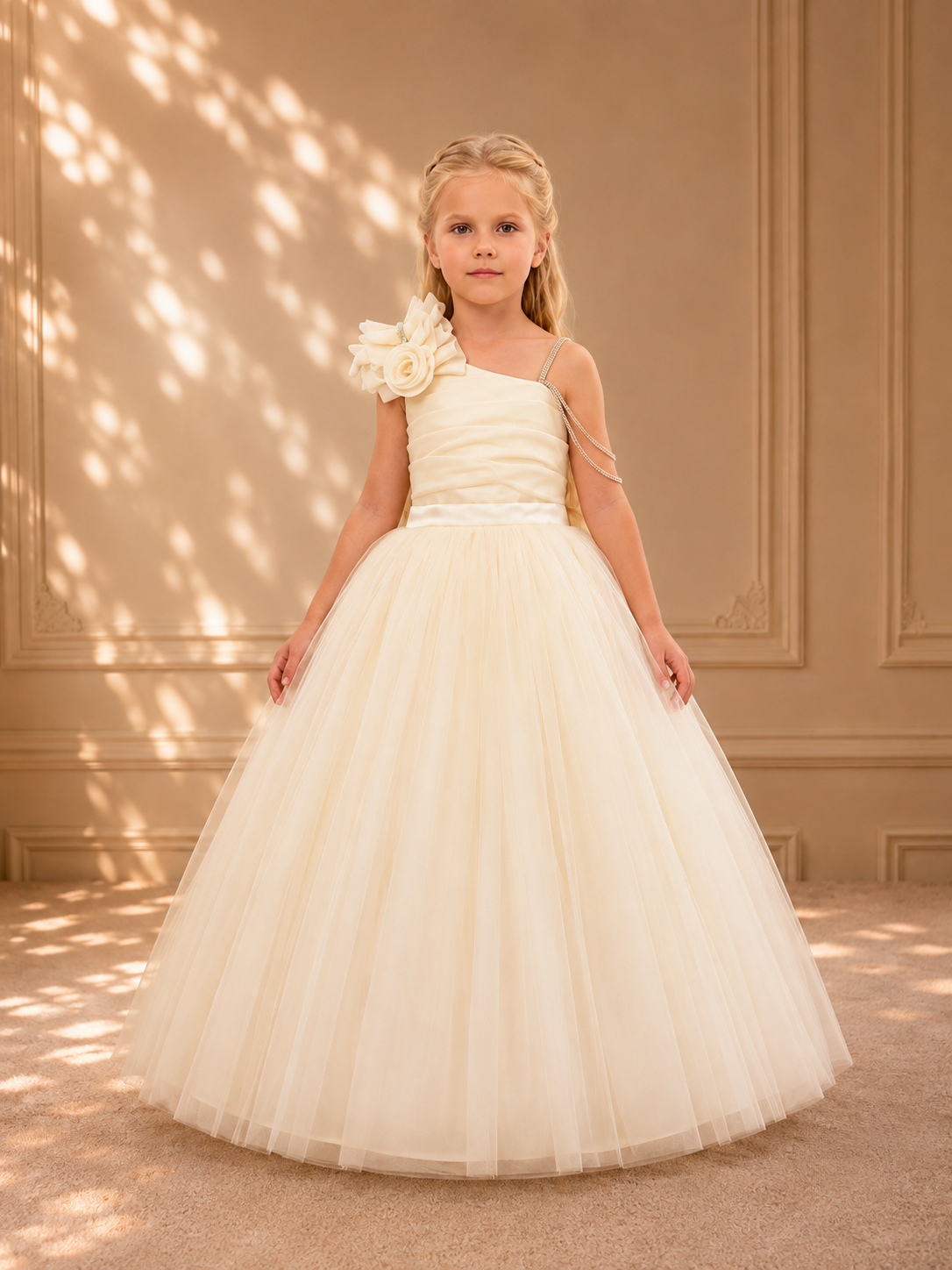 Gold One-Shoulder Rosette Tulle Gown 4106 - front