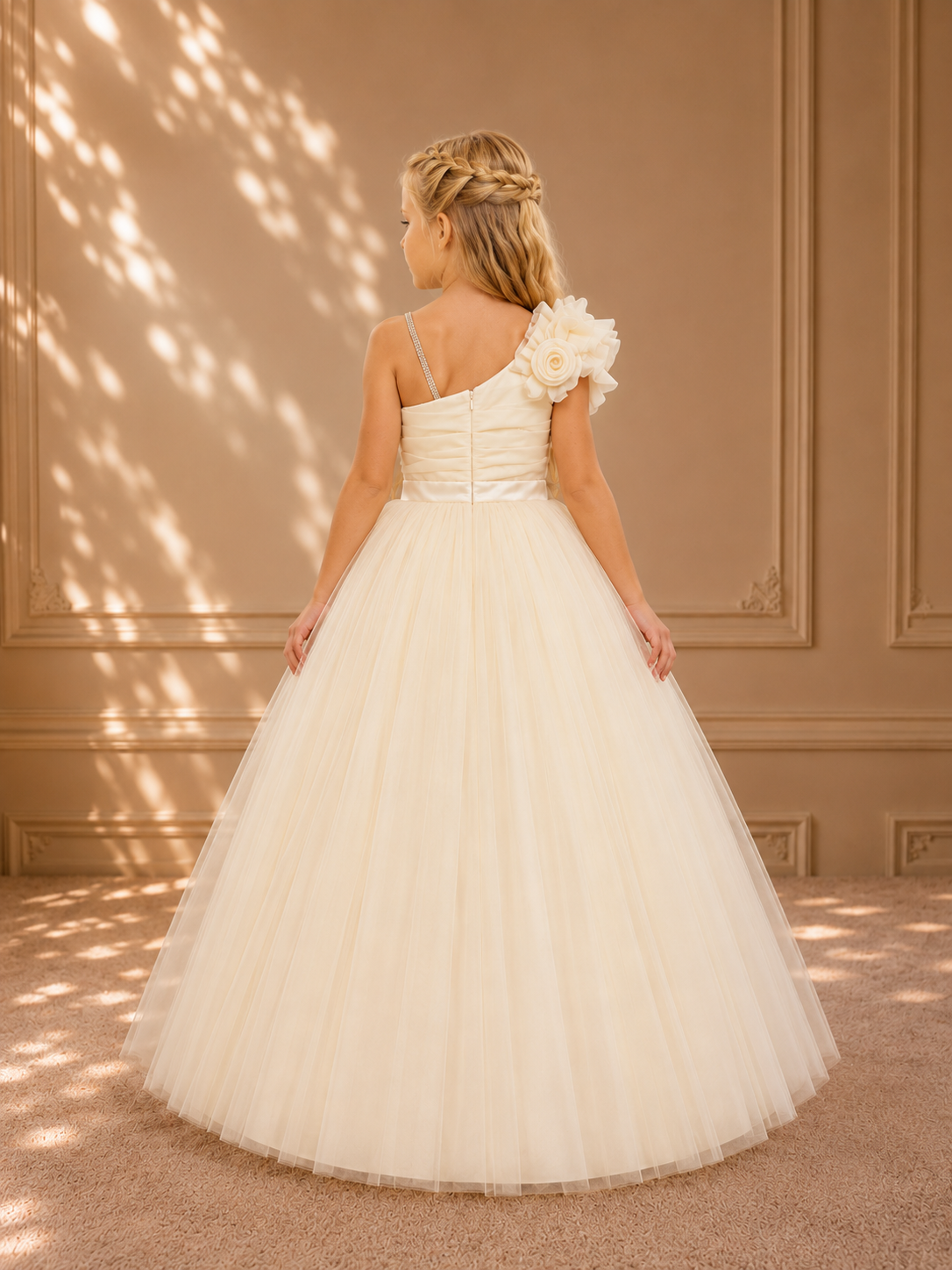 Gold One-Shoulder Rosette Tulle Gown 4106 - back