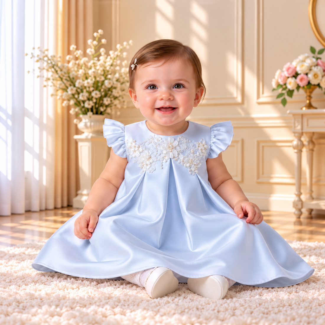 Sky Blue Flutter-Sleeve Floral Appliqué Dress 5603