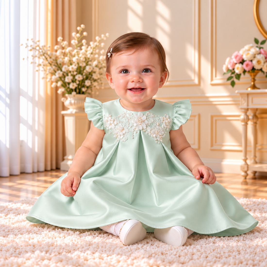 Pistachio Flutter-Sleeve Floral Appliqué Dress 5603