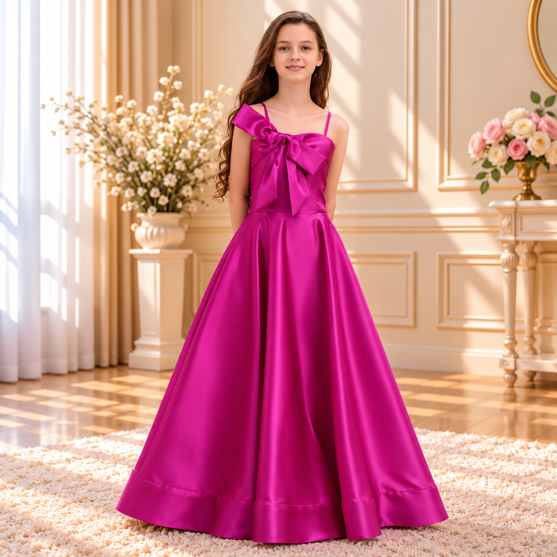 Fuchsia Bow Satin Gown with Pockets 5644