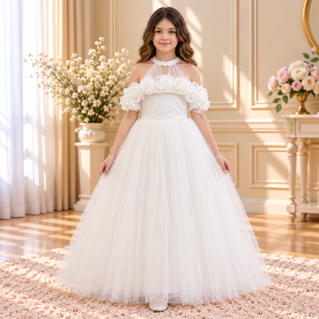 White Rose-Appliqué Long Dress 5732