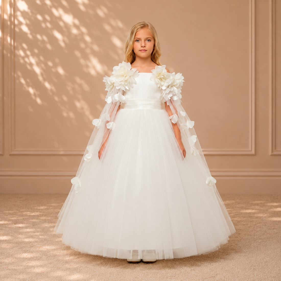 Ivory Floral Cape-Sleeve Tulle Gown 6085 - front