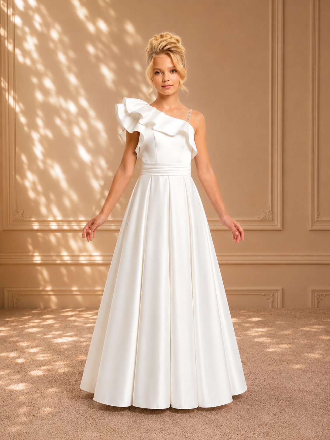 Ivory Ruffle One-Shoulder Satin Gown 7113 - front