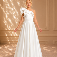 Ivory Ruffle One-Shoulder Satin Gown 7113 - front